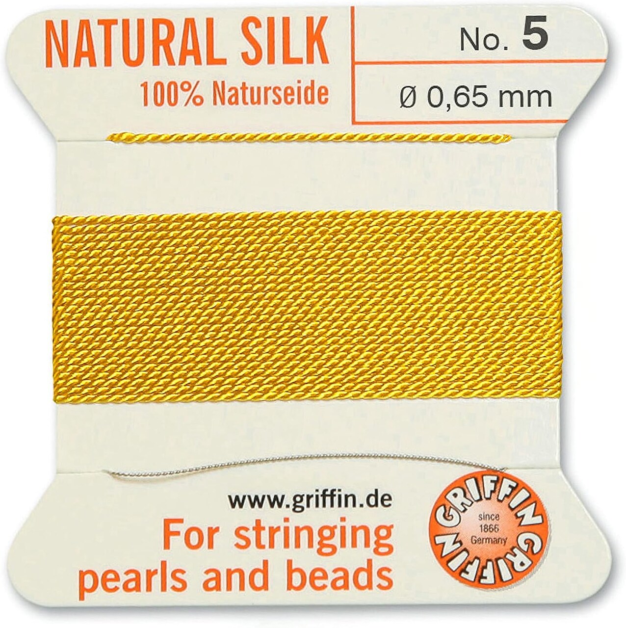 Griffin Silk Bead Cord Perlseide – Size 5 (0.65mm) – 2 Meters per Card – Stainless Steel Needle Attached – for Knotting Pearls, Gemstones, Crystals and Beads